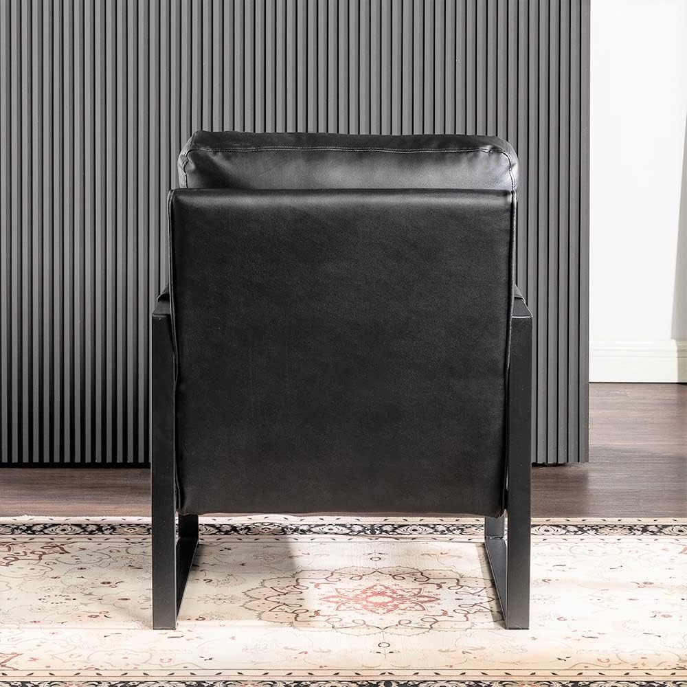 Container Furniture Classic Mid Century Modern Accent Chair with Durable Square Metal Frame, Armchair for Living Room, Bedroom, Home Office in Spotted Microfiber Upholstery, Black -PU Leather