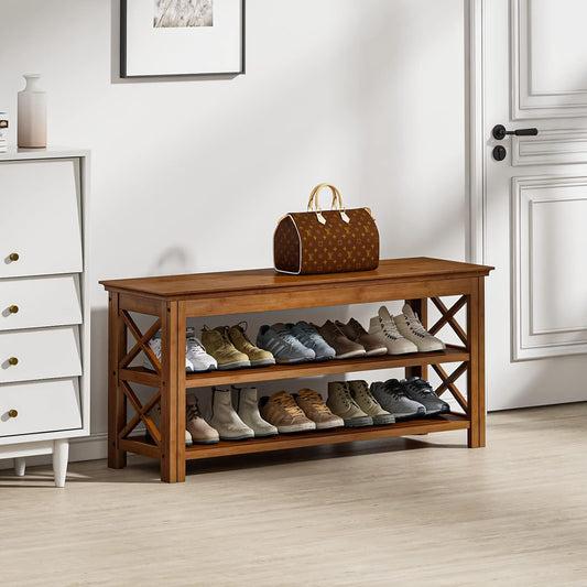 Bamworld Shoe Rack Bench with Storage 3 Tier Bamboo Shoe Bench Entryway Rustic Solid Wood Entryway Bench (X-Brown,39.4")