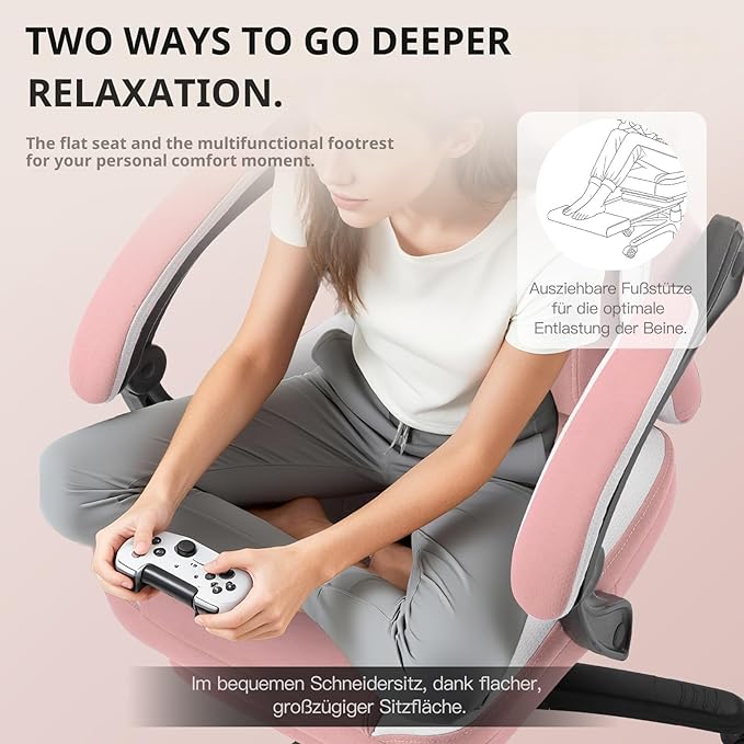 Dowinx Gaming Chair Breathable Fabric Game Chair with Gel Pad and Storage Bag, Comfortable Gamer Chair with Pocket Spring Cushion,Ergonomic Computer Chair with Footrest,Pink