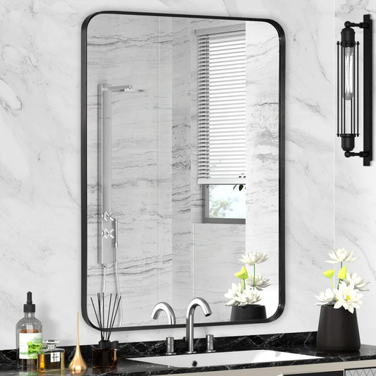 Wall Mount Mirror for Bathroom, Brushed Black Metal Framed Rounded Corner Rectangular Vanity Mirror (24" x 30", Black)