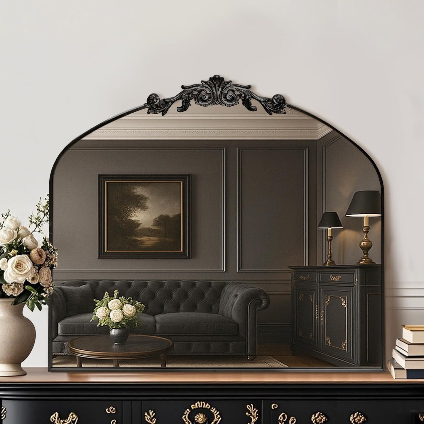 MISSDAY Vintage Matte Black Baroque Mirror for Wall, 36"X30" Arched Antique Wall Mirror with Elegant Carving Top, Full Metal Frame Wall-Mounted Mirror for Bathroom, Living Room, Fireplace, Entryway