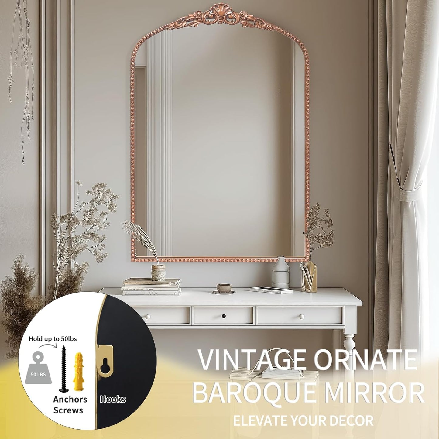 G-LEAF Vintage Baroque Mirror 24"X36", Arched Mantel Victorian Antique Farmhouse Mirror with Ornate Metal Frame for Fireplace Entryway Living Room Hallway Bathroom