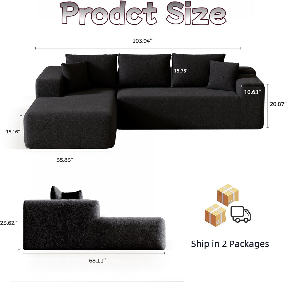 Cloud Sectional Couch, 104”L-Shape Oversized Sofa with Right Chaise Lounge, Modular Sleeper Couch with Pillows & Deep Seat, Rain Drop Velvet Fabric Compressed Sofa for Living Room, Black