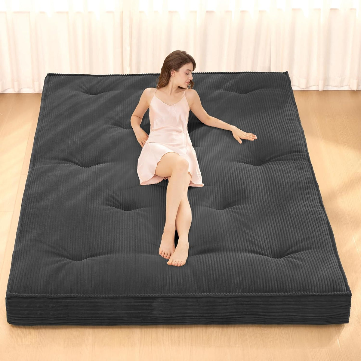 Japanese Floor Mattress, 4" Thicken Futon Mattress Full Size Sleeping Pad, Corduroy Foldable Mattress Pad Roll Up Tatami Mat Floor Mattress for Adults（Grey）