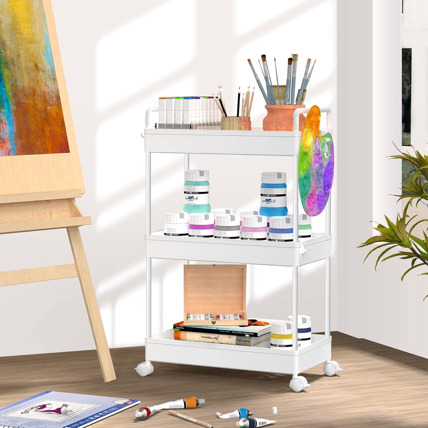 SOLEJAZZ 3 Tier Rolling Storage Cart with Wheels Slim Craft Nail Makeup Snack Art Baby Utility Cart Organizer on 2 Lockable Wheels for Bathroom Laundry Room Kitchen Bedside Narrow Spaces, White