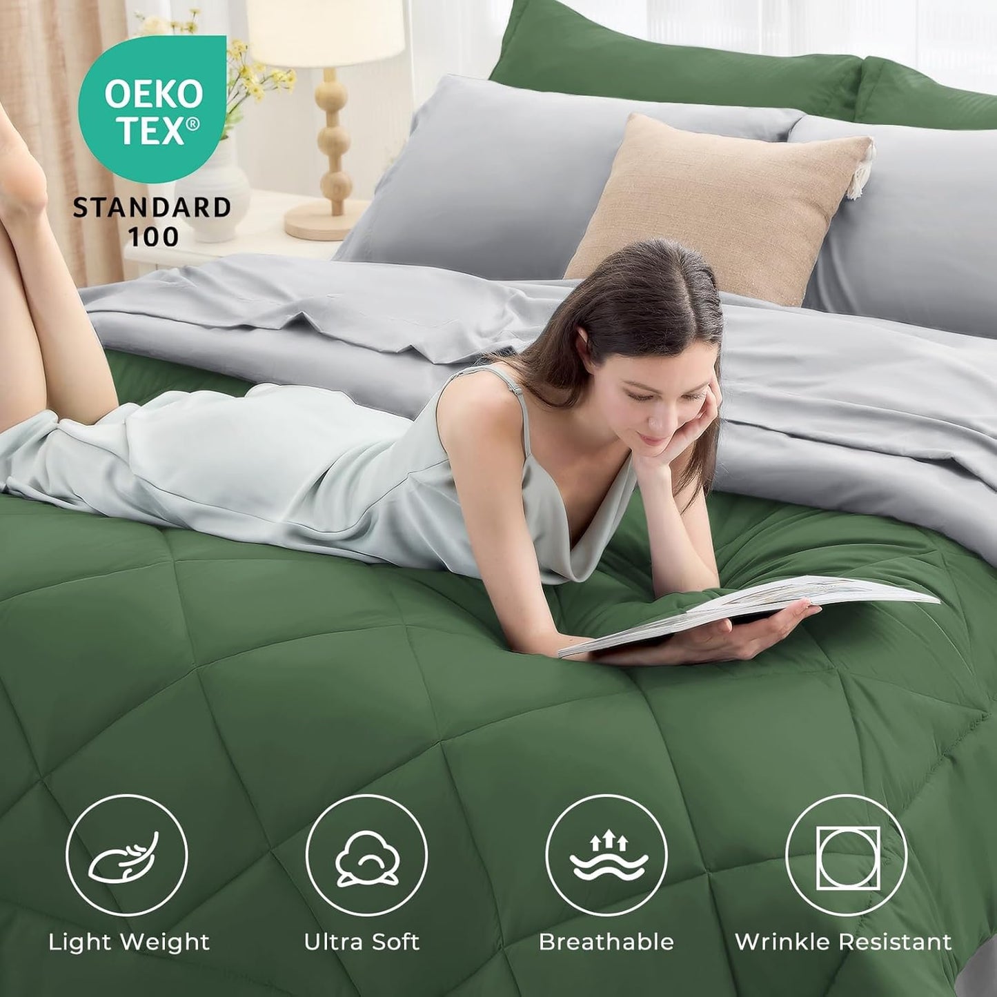 HEVUMYI Queen Comforter Set - 7-Piece All Season Bed in a Bag Queen, Ultra Soft Bedding Set with Comforter, Flat Sheet, Fitted Sheet, Pillowcases, Pillow Shams, Green & Light Grey