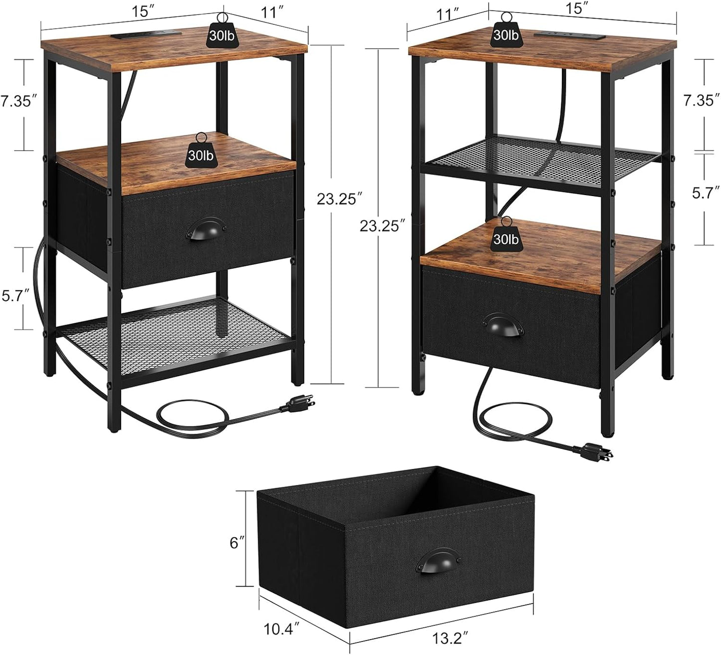 Sthmec Nightstands Set of 2, LED Bedside Tables with Charging Station and Fabric Drawer, Night Stand with Storage, 3 Tier Side Table with Open Shelf, LED Nightstands with Charging Station,Rustic Brown