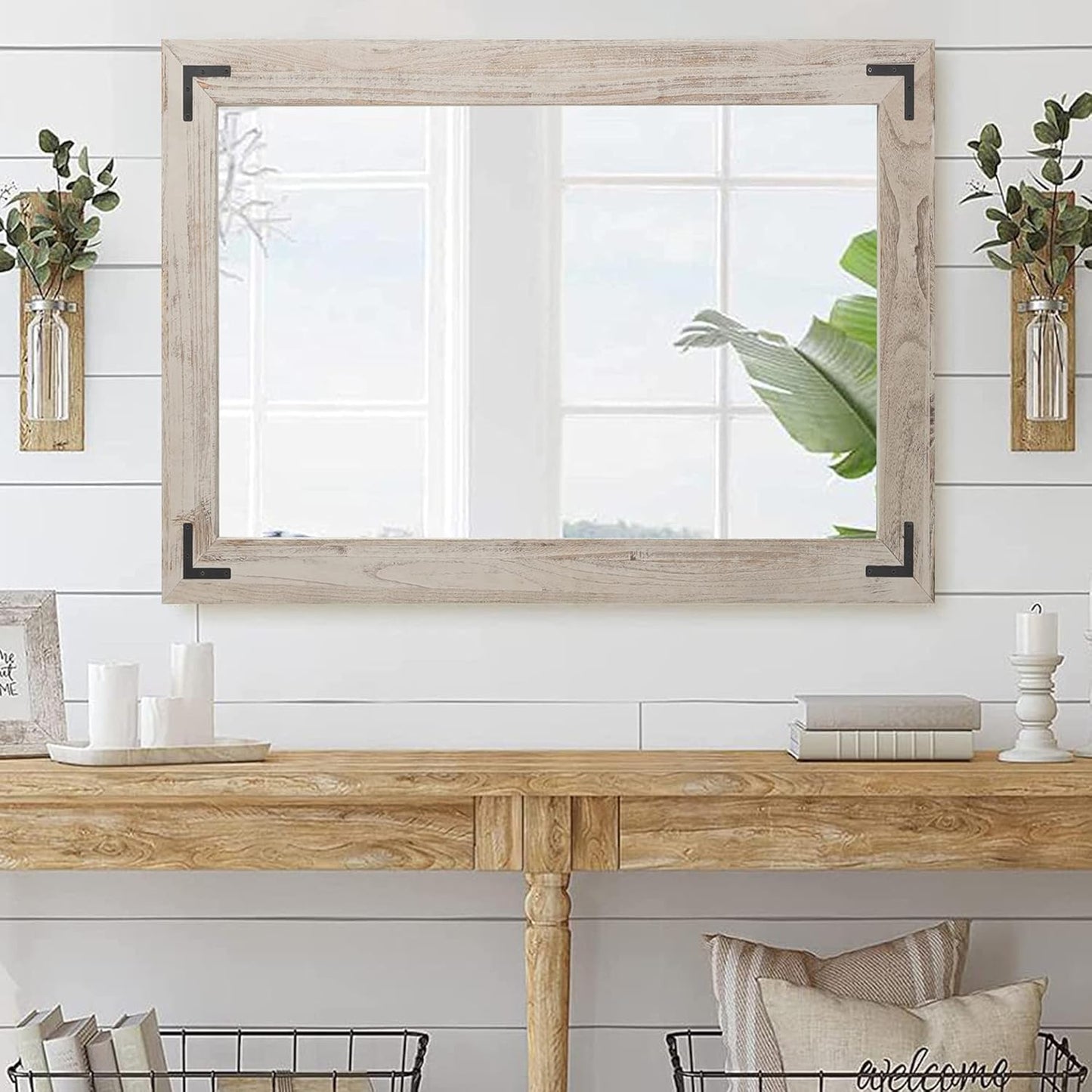 YOSHOOT Rustic Wooden Framed Wall Mirror, Natural Wood Bathroom Vanity Mirror for Farmhouse Decor, Vertical or Horizontal Hanging, 53" x 28", Grey
