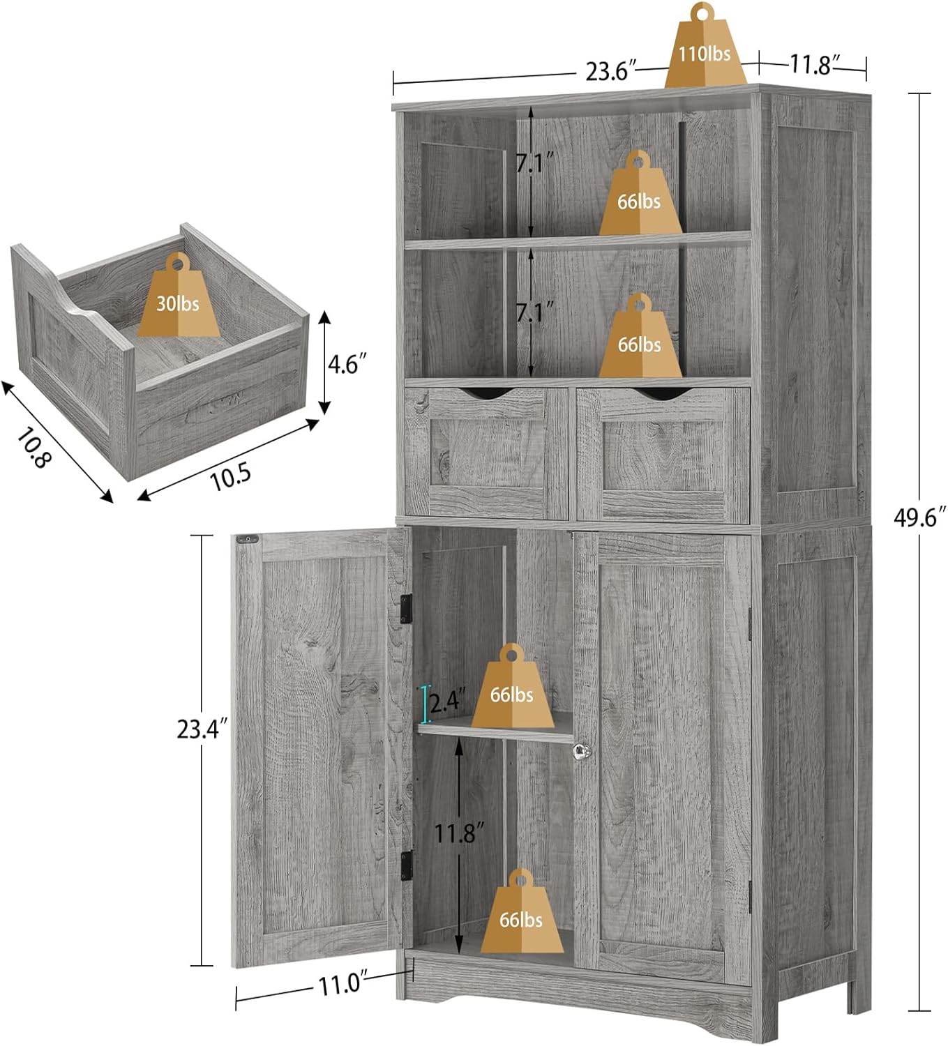 Iwell Tall Storage Cabinet with 2 Drawers & Adjustable Shelf, Bathroom Cabinet with Doors, Cupboard, Kitchen Cabinets for Living Room, Dining Room, Entryway, Grey