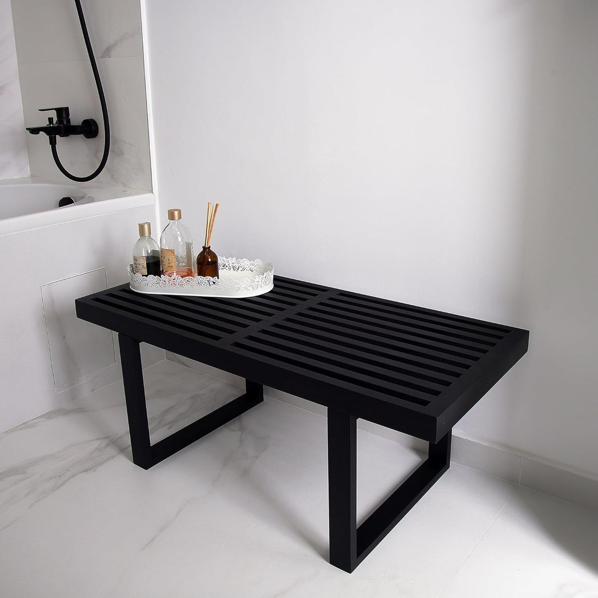 Bamboo Nelson Slat Wooden Bench, Small Wood Benches for Entryway, Living & Dining Room, Kitchen, Bedroom, Bathroom, Hallway, Front Door, for Indoor & Outdoor Patio Use, Mid Century Modern Decor