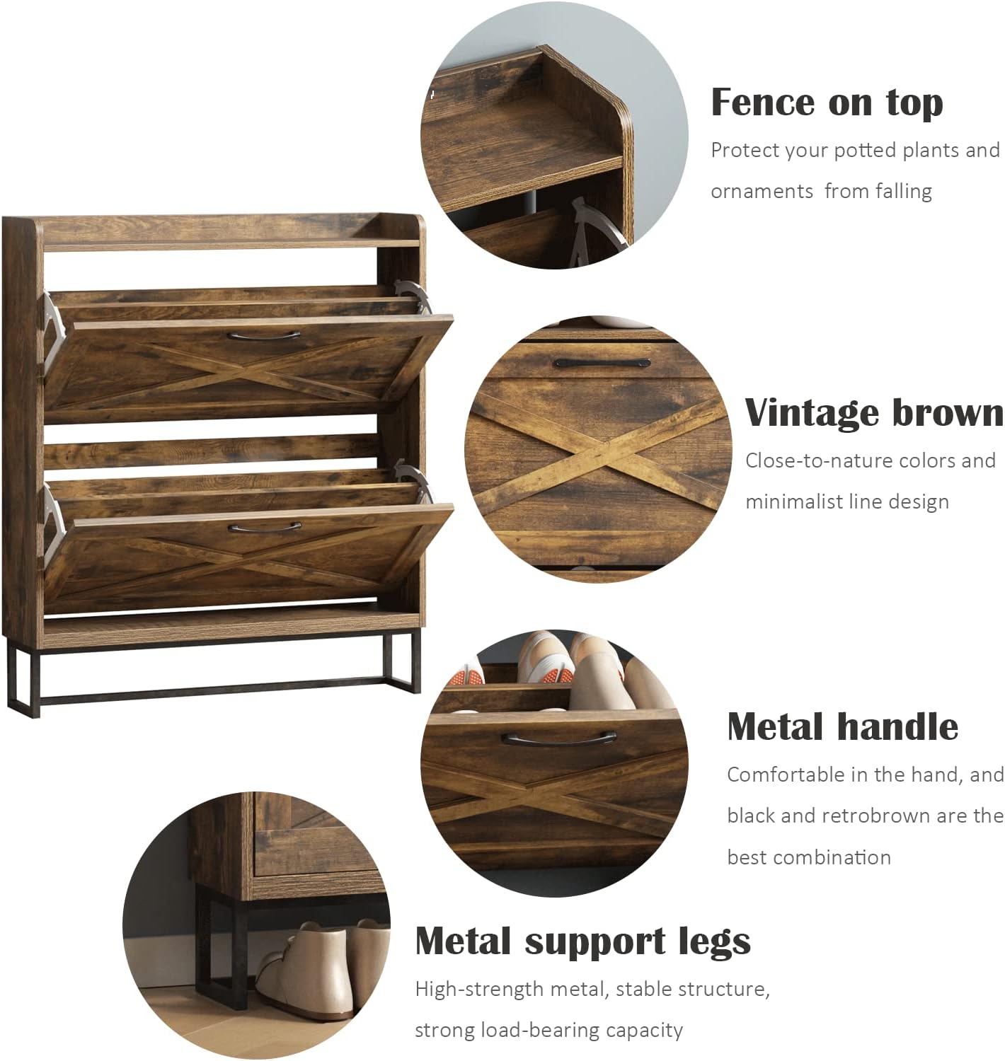 Maupvit Shoe Storage Cabinet with 2 Flip Drawers, Freestanding Shoe Organizer with Metal Legs for Entryway, Narrow Shoe Rack Cabinet, Rustic Brown