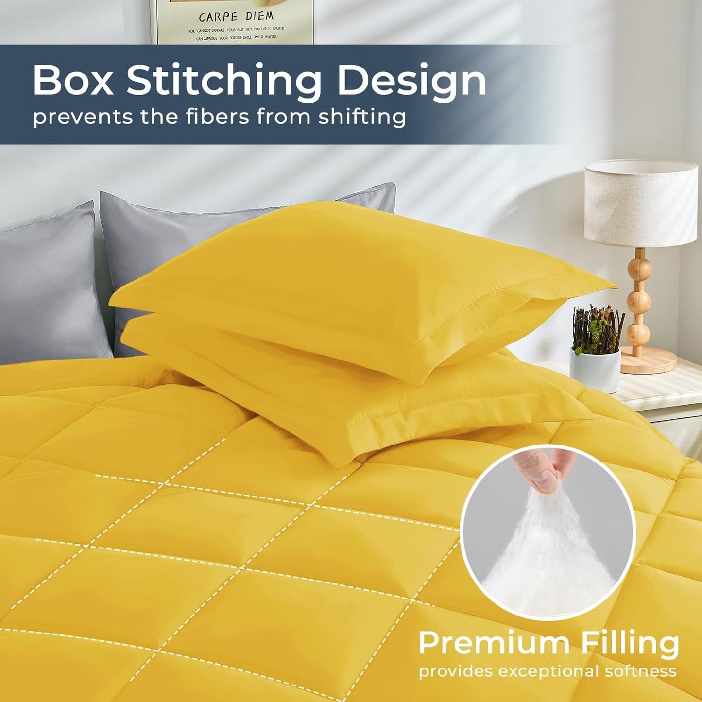 HEVUMYI Full Comforter Set - 7-Piece All Season Bed in a Bag Full, Ultra Soft Bedding Set with Comforter, Flat Sheet, Fitted Sheet, Pillowcases, Pillow Shams, Yellow & Light Grey