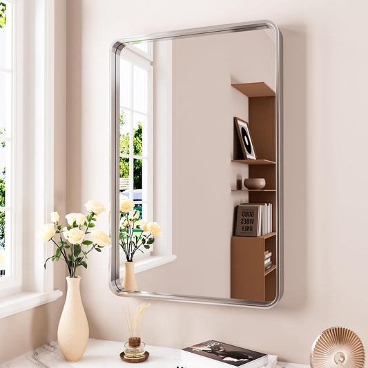 Brushed Nickel Bathroom Mirror 24x36 Inch, Brushed Silver Metal Frame Mirror Wall Mounted, Rounded Rectangle Bathroom Vanity Mirror, Tempered Glass, Anti-Rust, Horizontal/Vertical