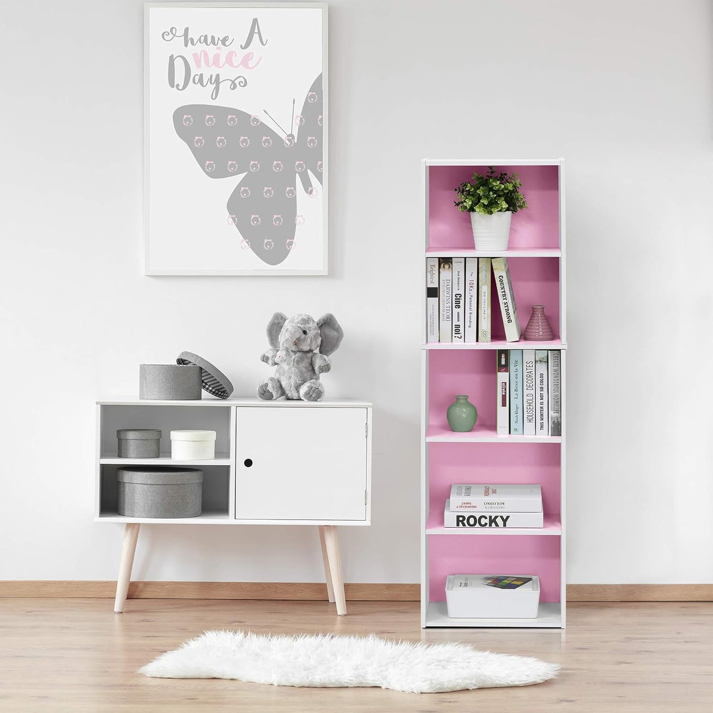 Furinno 5-Tier Reversible Color Open Shelf Bookcase , White/Pink 11055WH/PI