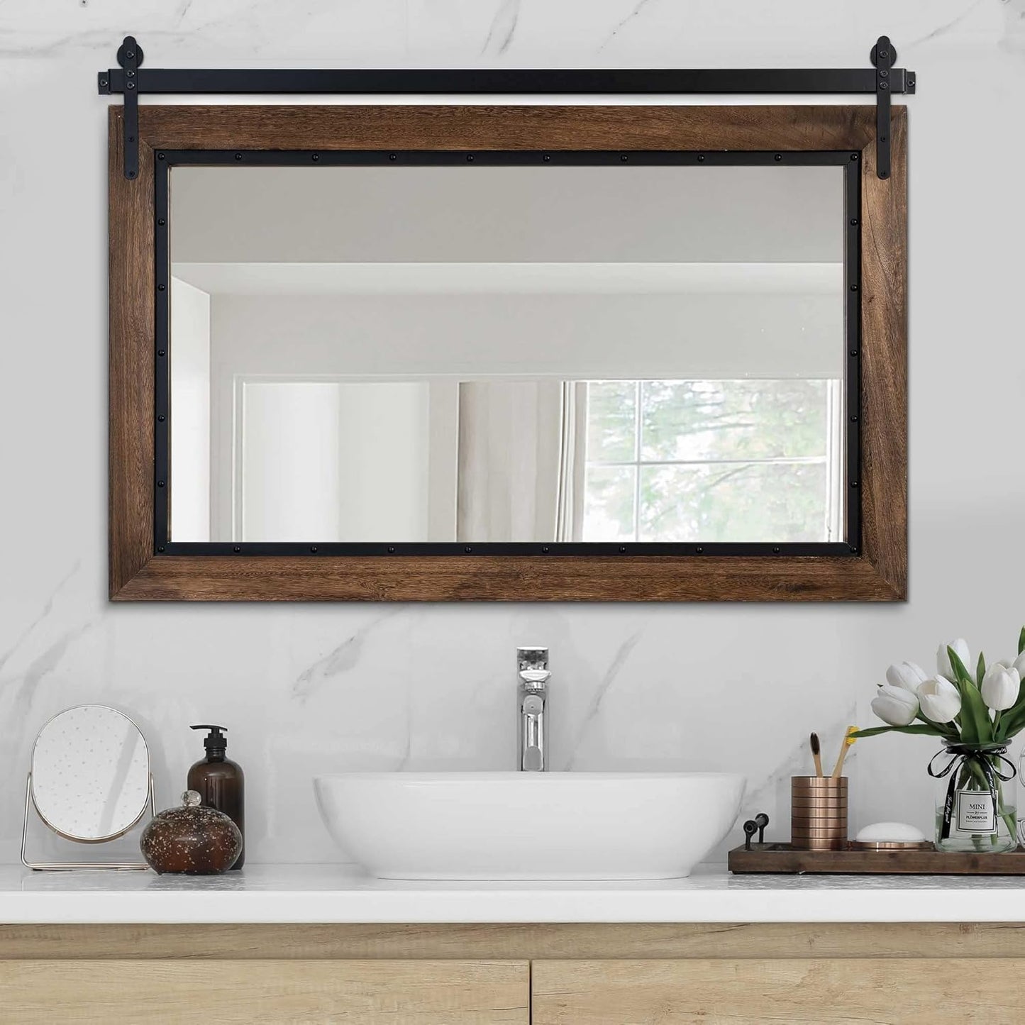 YOSHOOT Farmhouse Barn Door Mirror, 40"x26" Rustic Bathroom Mirror, Wood Frame Wall Mirror, Wooden Mirror for Living Room Bedroom Entryway Wall Décor, Horizontal Hanging ONLY