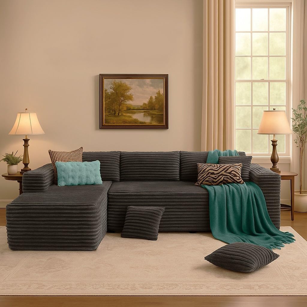 COMHOMA 105”Modular Sectional Sofa with Deep Seat,Cloud Upholstered L-Shape Couch Wide Arms Corduroy Fabric High-Density Foam Chaise Lounge for Living Room No Assembly Required