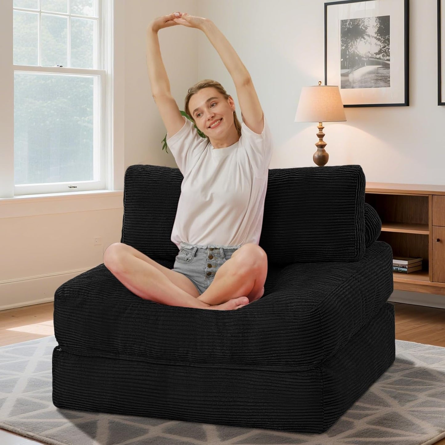 HABUTWAY Folding Sofa Bed, Convertible Sleeper Chair Bed w/Dual-Pillow & Handle, Foldable Floor Sofa Lounge w/Back Support for Living Room, Bedroom, Apartment, Office, Black