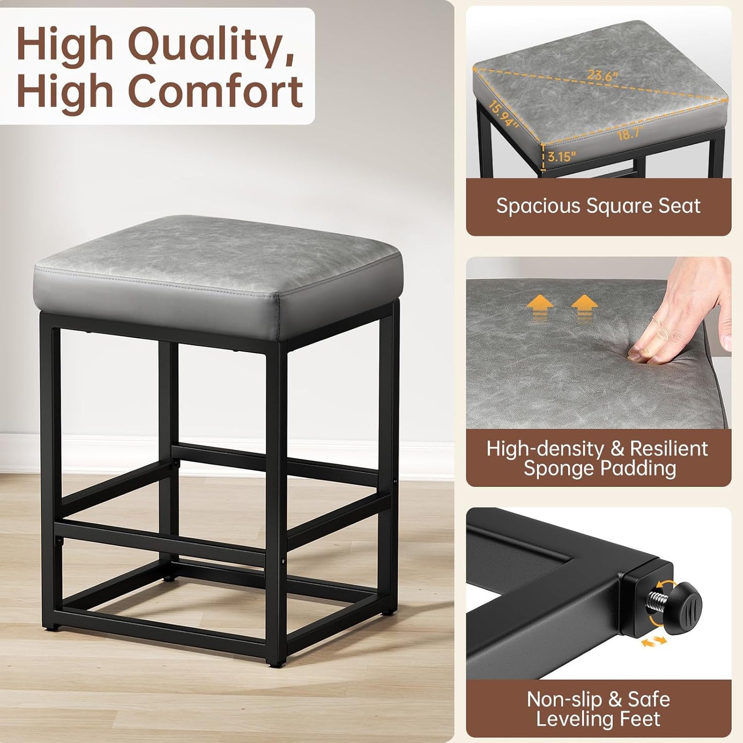 Counter Height Bar Stools Set of 3, 24" Barstools for Kitchen Countertop, Faux Leather Counter Stools with Thick Square Seats & Sturdy Metal Base, Simple Assembly, Gray