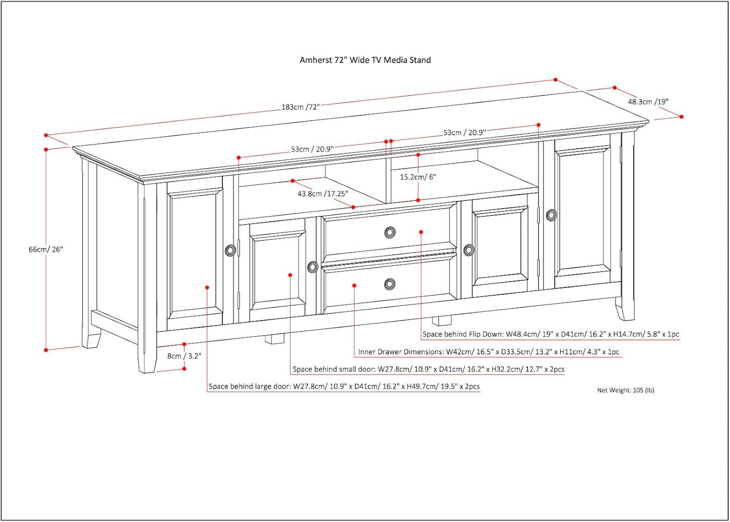 SIMPLIHOME Amherst 72-inch Wide Solid Wood TV Stand in White, Transitional-Style Media Console for Living Room with Cable Management and Adjustable Shelves, Fits 80" TVs