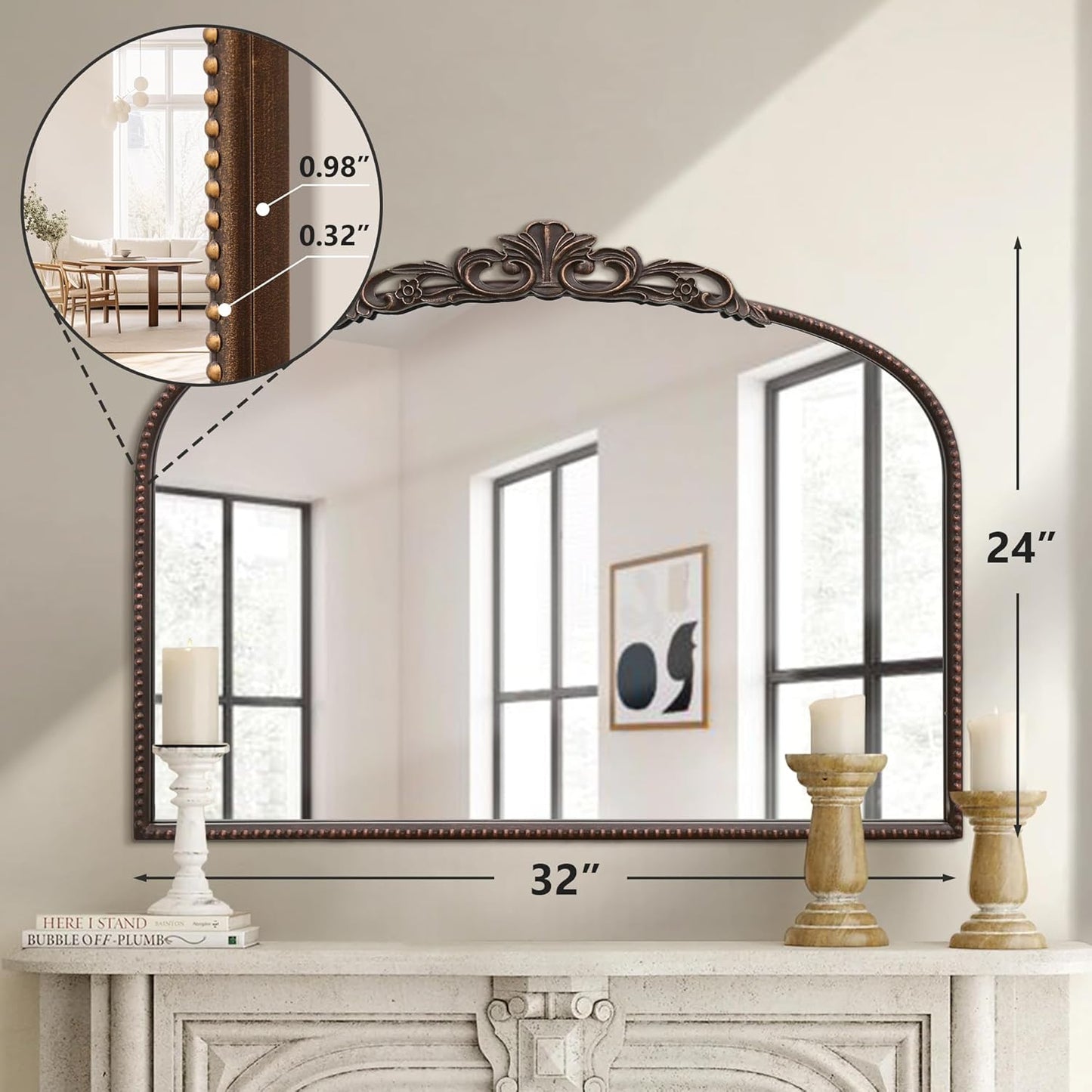 Micasso Bronze Vintage Wall Mirror: 24"x 32" French Baroque Antique Arched Wall Mounted Mirror - Traditional Ornate Decorative Entryway Mirror for Home Decor/Entryway/Fireplace/Living Room/Hallway