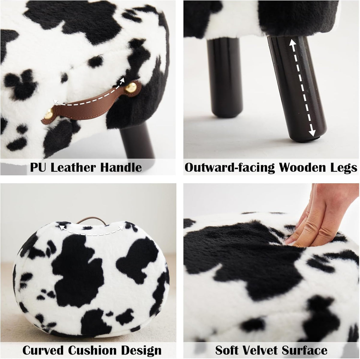Small Footstool with Handle, Faux Fur Ottoman Foot Rest with Padded Seat, Curved Foot Stool with Wooden Legs, Portable Foot Rest for Living Room, Bedroom, Entryway, Cow