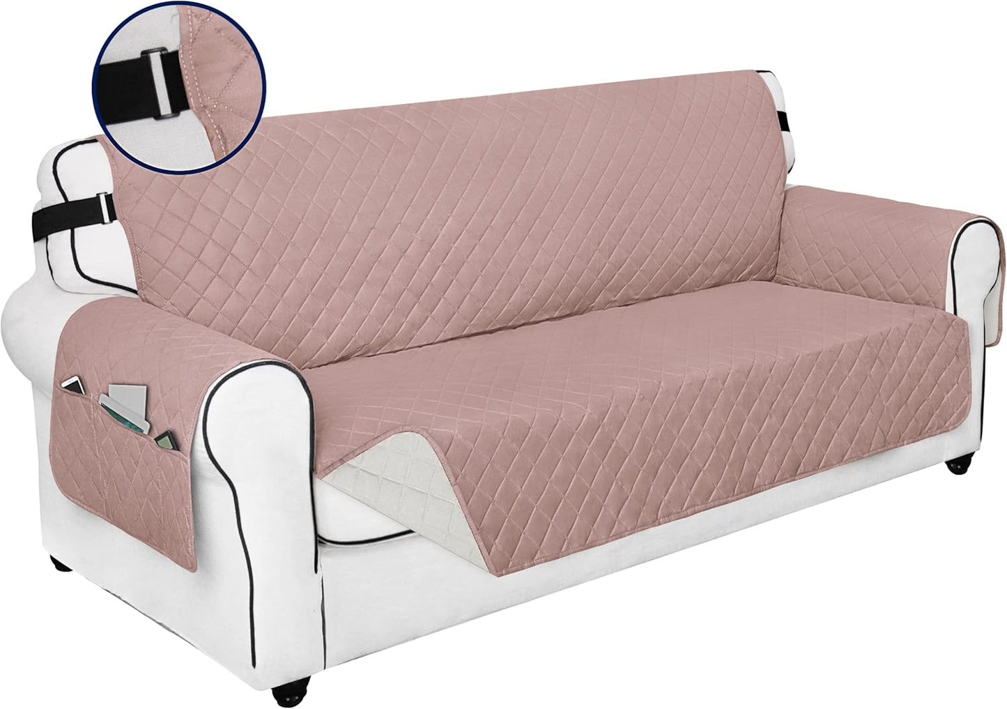 PureFit Reversible Sofa Couch Cover Water Resistant Couch Covers for 3 Cushion, Washable Furniture Cover with Non-Slip Foam and Adjustable Strap for Dogs, Pets (Oversized Sofa, Pink/Ivory)