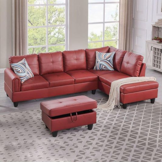 Red L-Shaped 3-Piece Faux Leather Sofa with Storage Ottoman Set, Sectional Couch Sofa Set for Living Room, Office, Small Space