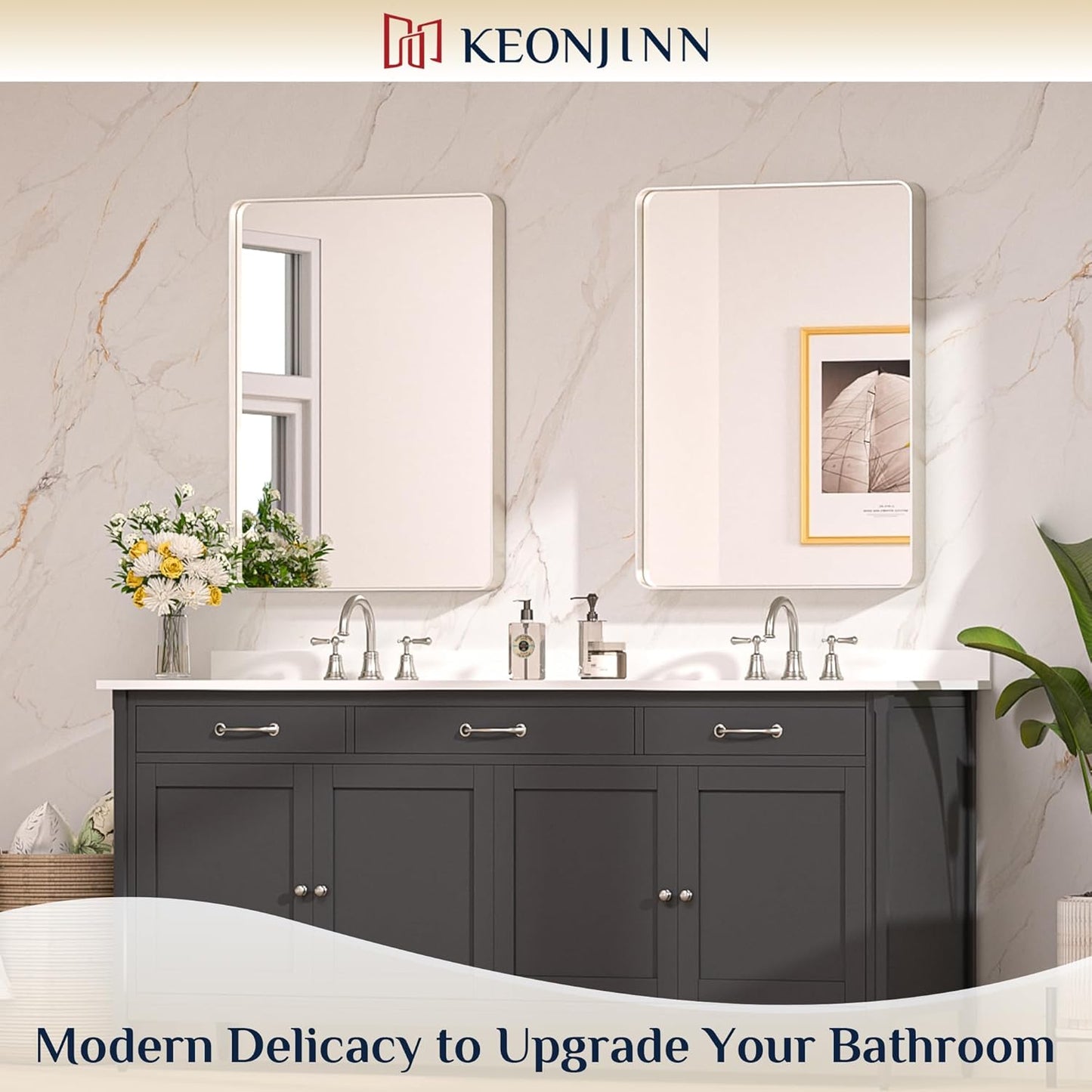 Keonjinn Brushed Nickel Mirror 24 x 32 Inch Silver Bathroom Mirror for Over Sink, Rounded Rectangle Farmhouse Vanity Mirror, HD Tempered Glass Wall Mirror, Aluminum Alloy Frame (Horizontal/Vertical)