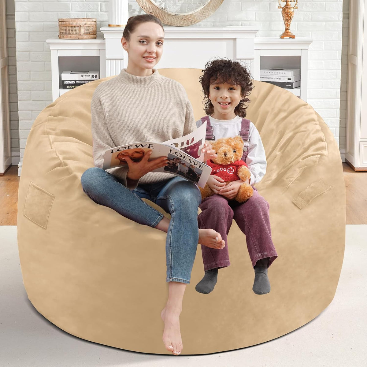 3FT Bean Bag Chair, Comfy Bean Bag Chairs with Memory Foam Filled, Fluffy Beanbag Sofa with Dutch Velvet Cover, Round BeanBag Chairs for Living Room, Playroom - Khaki