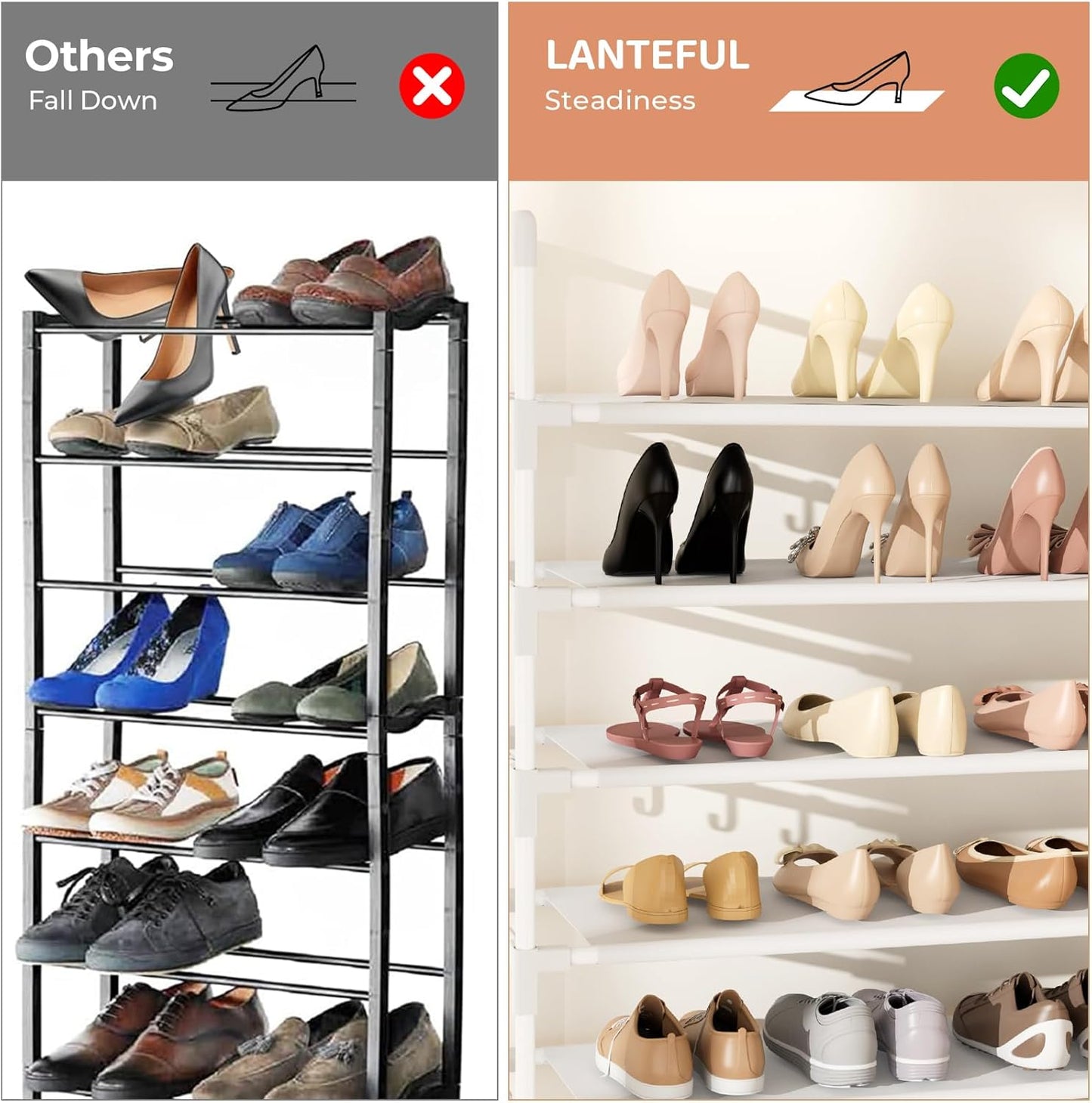 Tall Shoe Rack 10 Tier Shoe Organizer Large Shoe Shelf with 18 Hooks Storage for 50 Pair Sneaker and Boot, Stackable Vertical Shoe Rack Organizer for Closet, Entryway, Bedroom, White