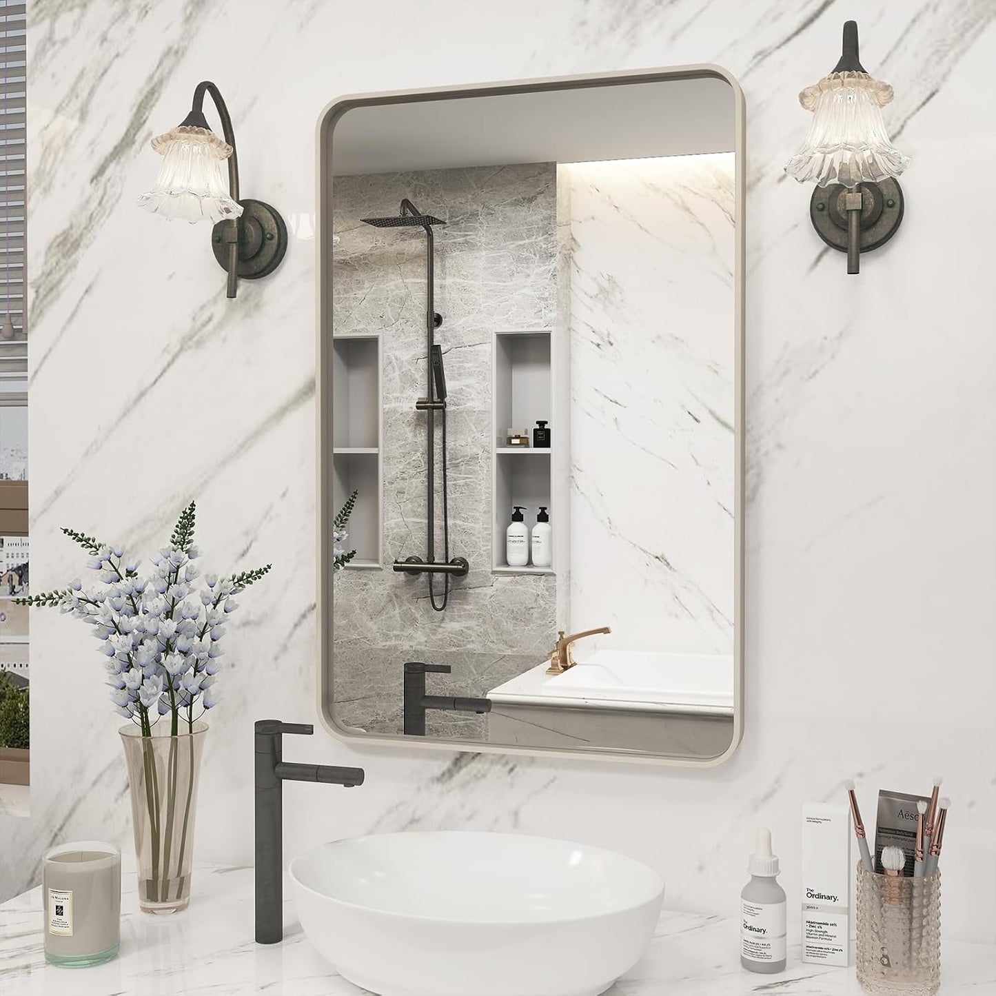 20x30 Inch Brushed Nickel Bathroom Mirror, Brushed Silver Metal Framed Wall Mirror, Rounded Corner Rectangle Modern Vanity Mirror, Tempered Glass, Anti-Rust, Shatterproof (Horizontal/Vertical)