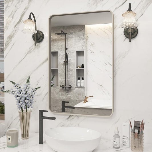 20x30 Inch Brushed Nickel Bathroom Mirror, Brushed Silver Metal Framed Wall Mirror, Rounded Corner Rectangle Modern Vanity Mirror, Tempered Glass, Anti-Rust, Shatterproof (Horizontal/Vertical)