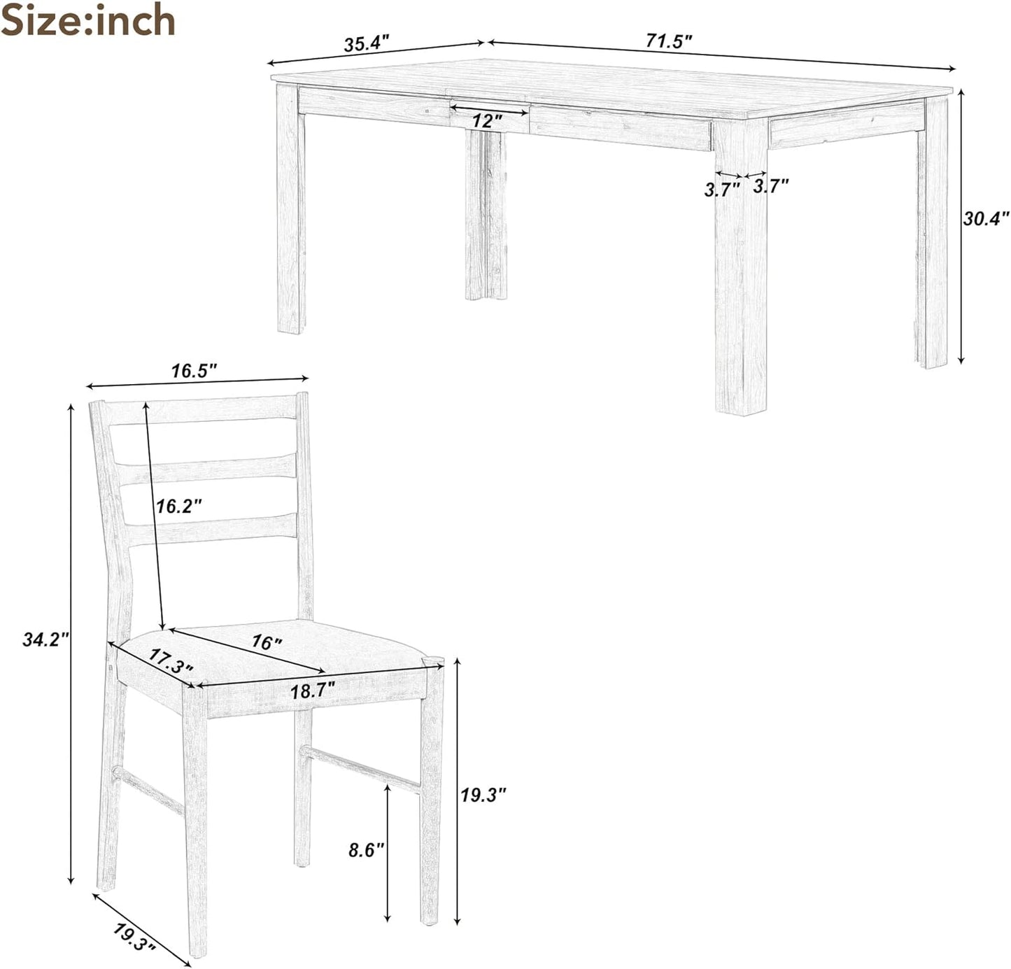 7-Piece Wooden Dining Set with Mutifunctional Extendable Table 12" Leaf and 2 Drawers,Rubber Wood Structure W/ 6 Soft Cushion Chairs,for Dining Room,Natural Wood Wash