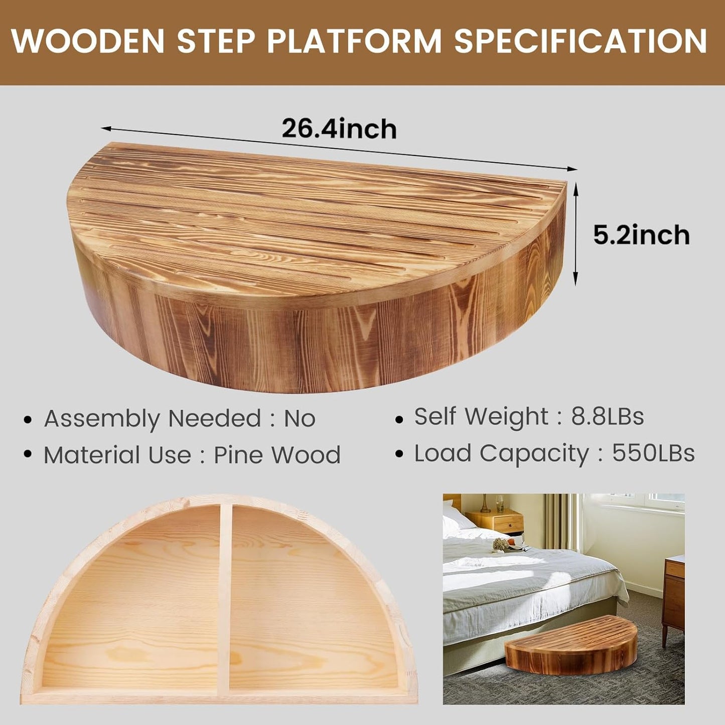 Solid Wooden One Step Stool, 5.2" High Semicircular Wood Bed Step for Elderly Adults Kids Safety to Get in & Out of High Bed, Kitchen, Bathroom(26.4" L, 550LBs Capacity)