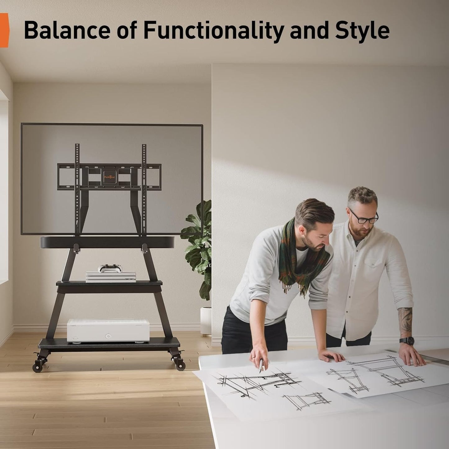 Perlegear Mobile TV Stand with Soundbar Mount, Rolling Floor TV Stand with Wheels for 43-80" TVs up to 132lbs, Mobile TV Cart with Storage Shelves, Tilt Swivel Corner TV Cart Max VESA 600x400mm