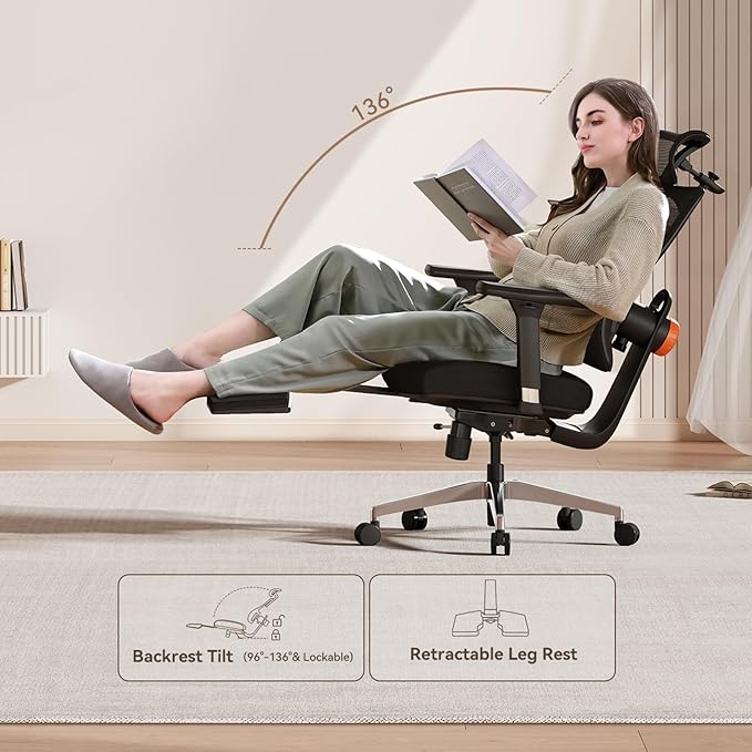 Newtral Ergonomic Office Chair-Home Office Desk Chair with Footrest, Auto-Following Backrest & Headrest, 4D Armrests, 96°-136° Recline