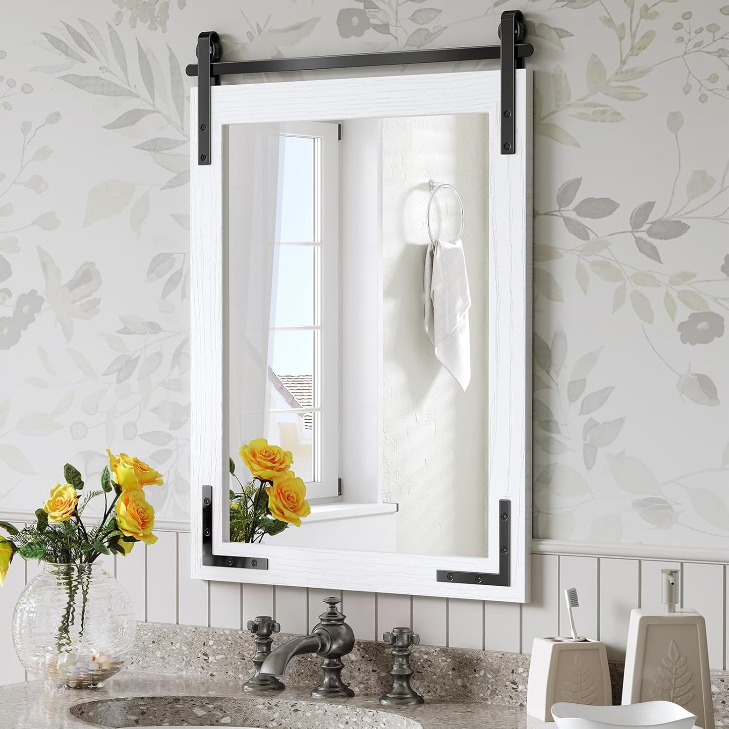 22x30 Inch Farmhouse Bathroom Mirror, White Vanity Rustic Mirror with Wood Frame, Rectangle Wall Decorative Mirrors for Entryway, Living Room, Bedroom