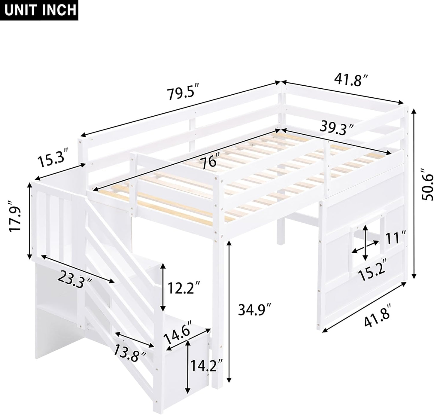 Twin Size Loft Bed with Storage Staircase and Window,Wood Twin Loft Bunk Bedframe with Full-Length Guardrail and Sturdy Slat Support, No Noise,No Box Spring Needed,for Kids,Boys,Girls,White