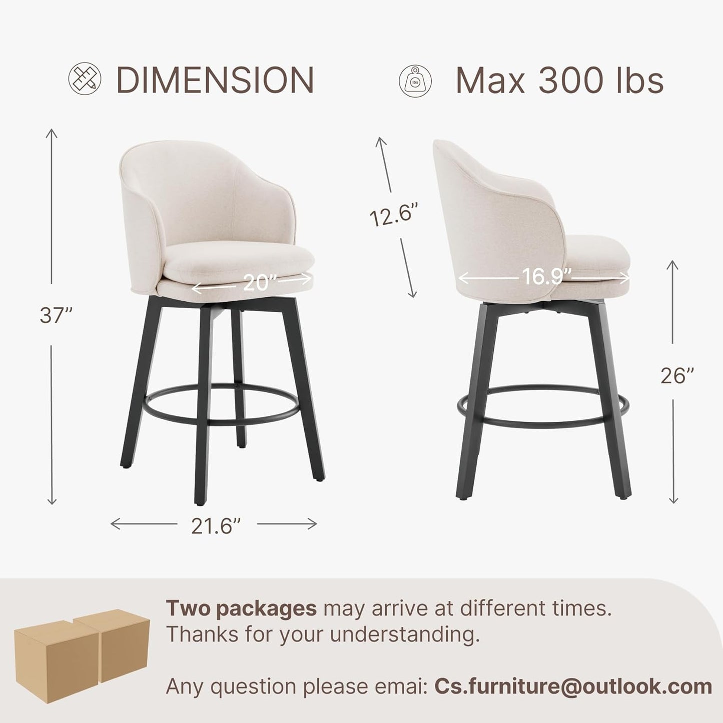 Counter Height Barstools 26 inch Upholstered Swivel Bar Stools with Back and Wood Legs for Kitchen Island,Set of 4,Beige Fabric