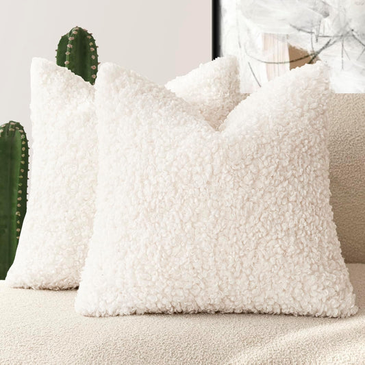 Foindtower 2 Pieces 24x24 Inch White, Faux Fur Throw Pillow Cover Accent Sherpa Pillow Fuzzy Soft Pillowcases Sheepskin Decorative Fleece Cushion Case for Bed Couch Living Room