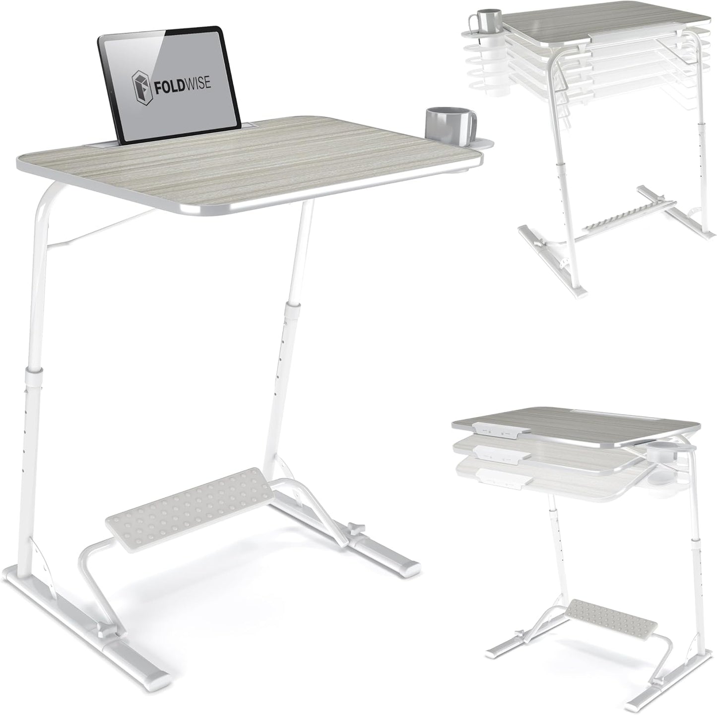 FoldWise Upgraded Folding TV Tray Table - Extra Large & Sturdy Laptop Table for Couch, Height & Angle Adjustable Desk for Dinner, Work & TV - Includes Footrest, Cup Holder, iPad Holder & Edge Stopper