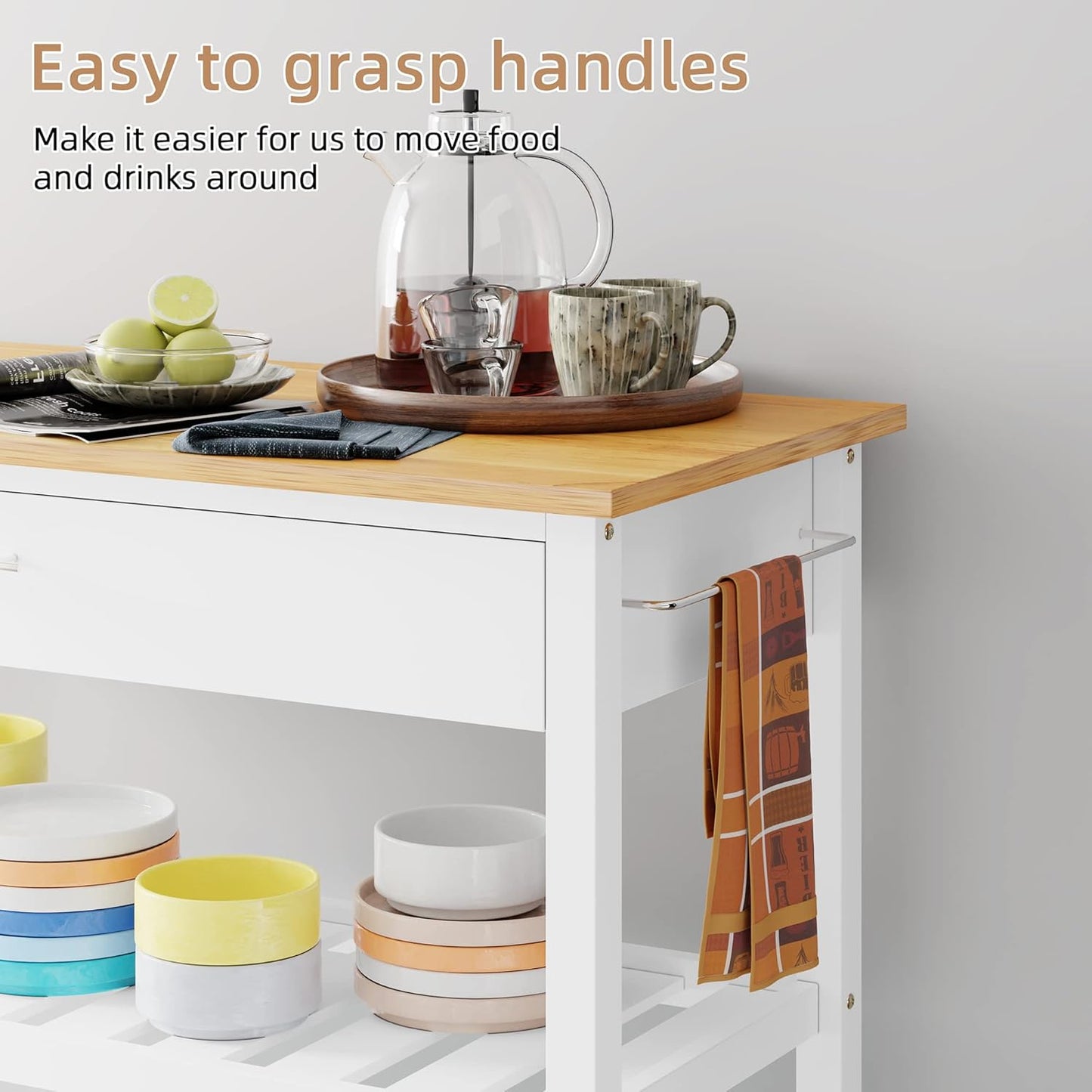 Shintenchi Kitchen Island Cart with Storage,Rolling Kitchen Island Side Table on Wheels with Large Worktop,Storage Cabinet,Towel Rack,Drawers and Open Shelves for Kitchen,Dinning Room,White