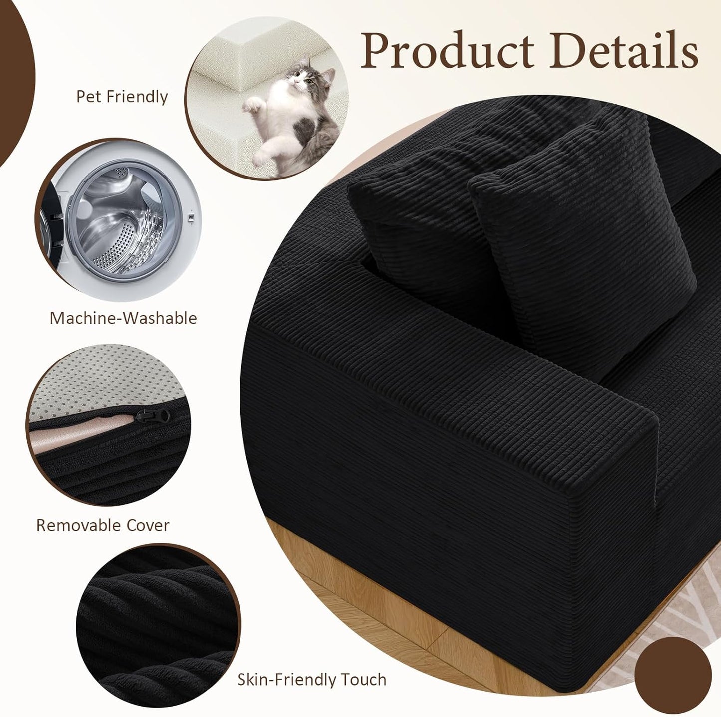 INGEROOM 108" Cloud Sectional Couch with L-Shape Chaise, Modular Sofa Memory Foam, Boneless Sofa with Movable Ottoman, Upholstered Couches for Living Room Bedroom, No Assembly Required, Black