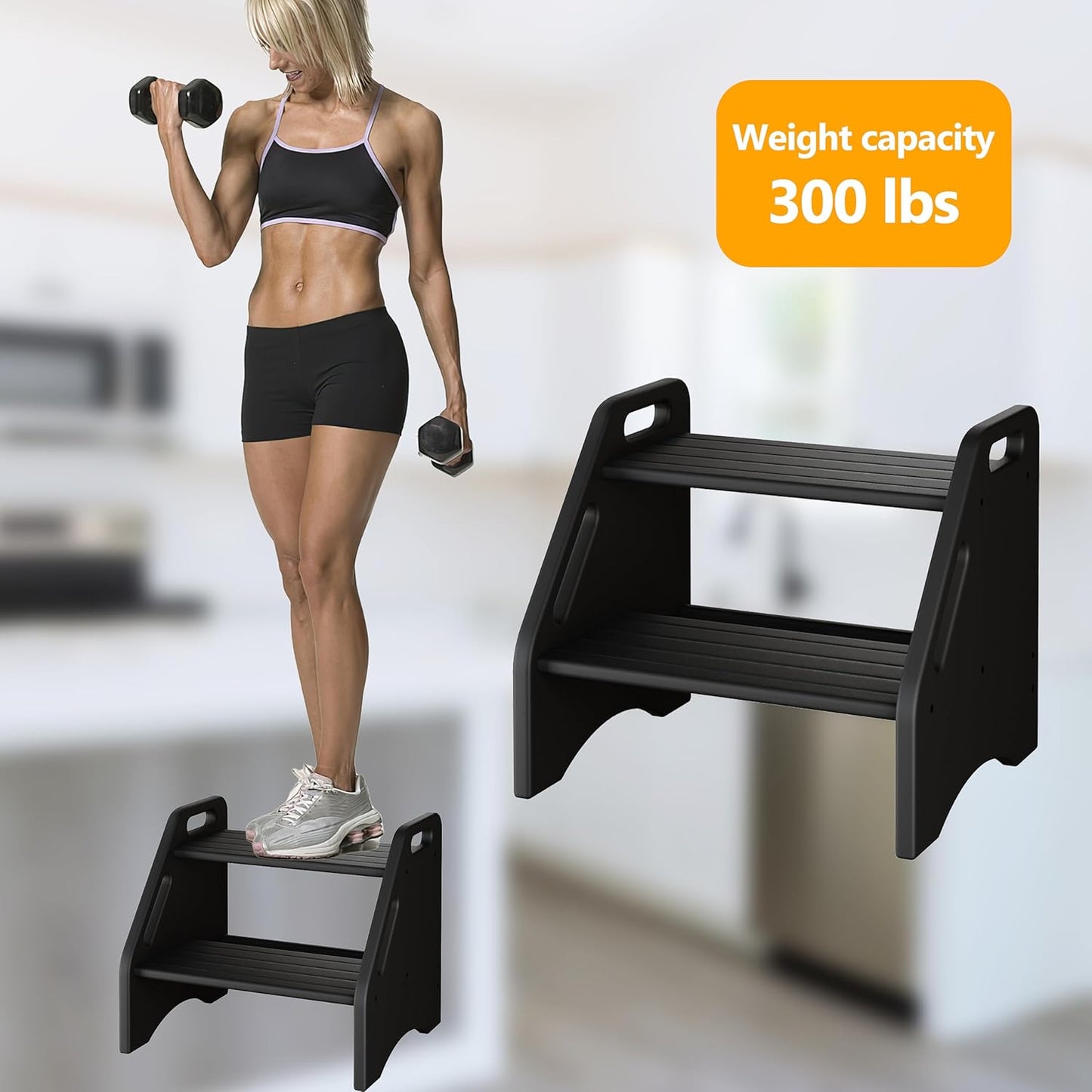 AMBIRD Wooden Step Stool, Two Step Stools 300 lbs Capacity with Safety Non-Slip Pads and Handles, Bamboo Step Stool for Bathroom, Kitchen Dual Height Step Stools for Adults (Black)