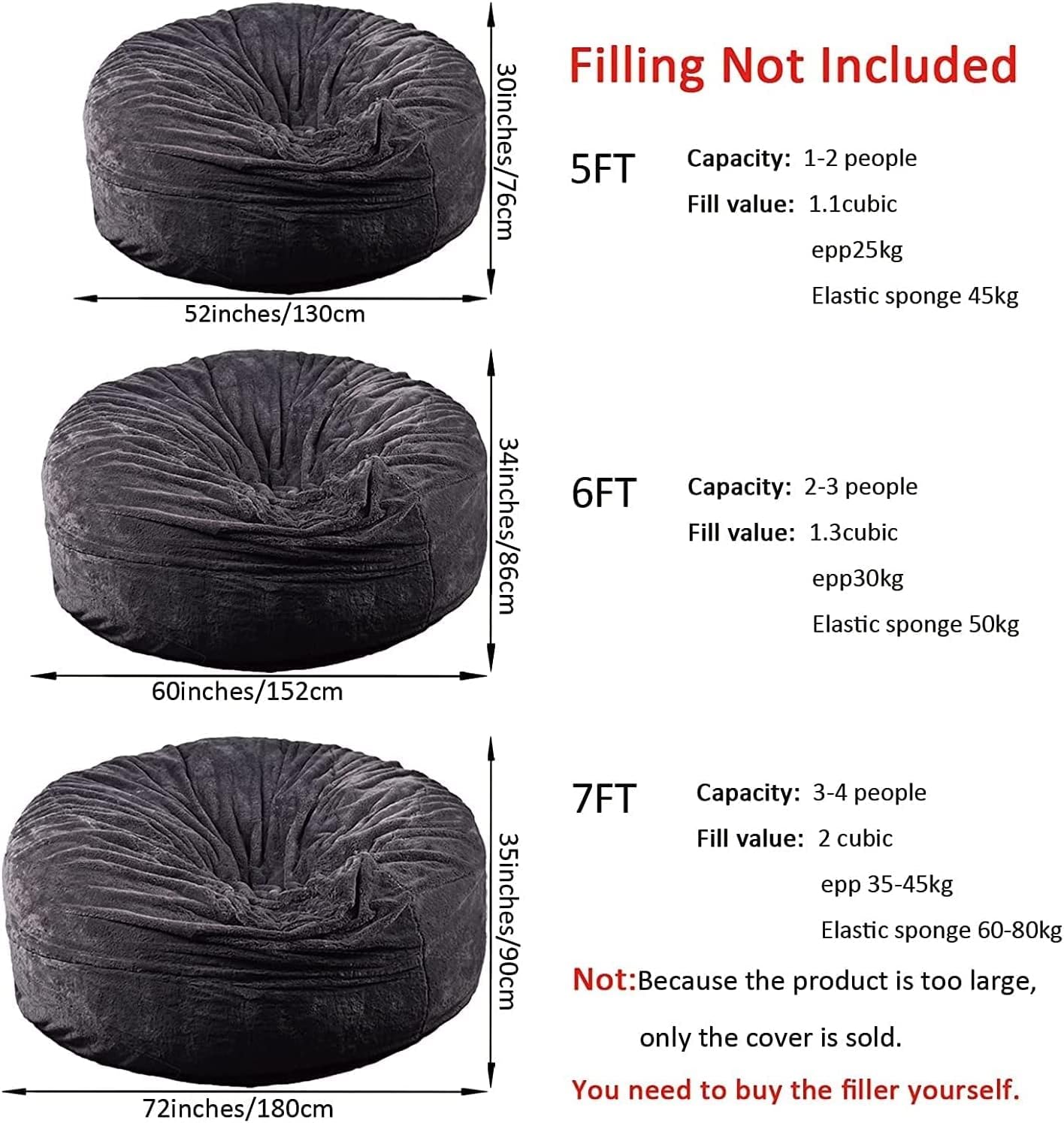 Giant Fur Bean Bag Chair Cover for Kids Adults, (No Filler) Living Room Furniture Big Round Soft Fluffy Faux Fur Beanbag Lazy Sofa Bed Cover (Orange, 7FT)