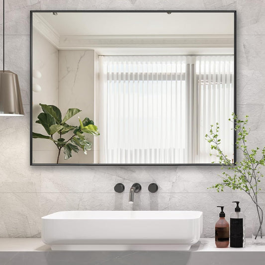 26x40 Inch Black Bathroom Mirror, Copper-Free Mirror, Aluminum Alloy Frame Vanity Mirror, Rectangle Wall Mounted Mirror, Modern Mirror for Bedroom/Living Room/Porch Horizontal or Vertical