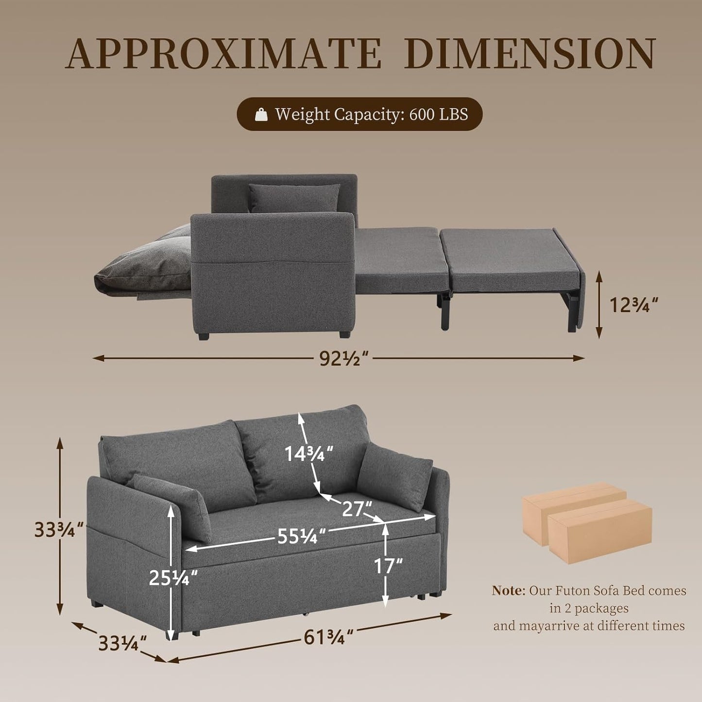 Furnimart 62" Queen Size Pull Out Sofa Bed, 3 in 1 Convertible Sleeper Bed with 6-Position Adjustable Backrest & Side Pockets, Modern Linen Loveseat Futon Couch for Living Room, Apartment, Dark Grey