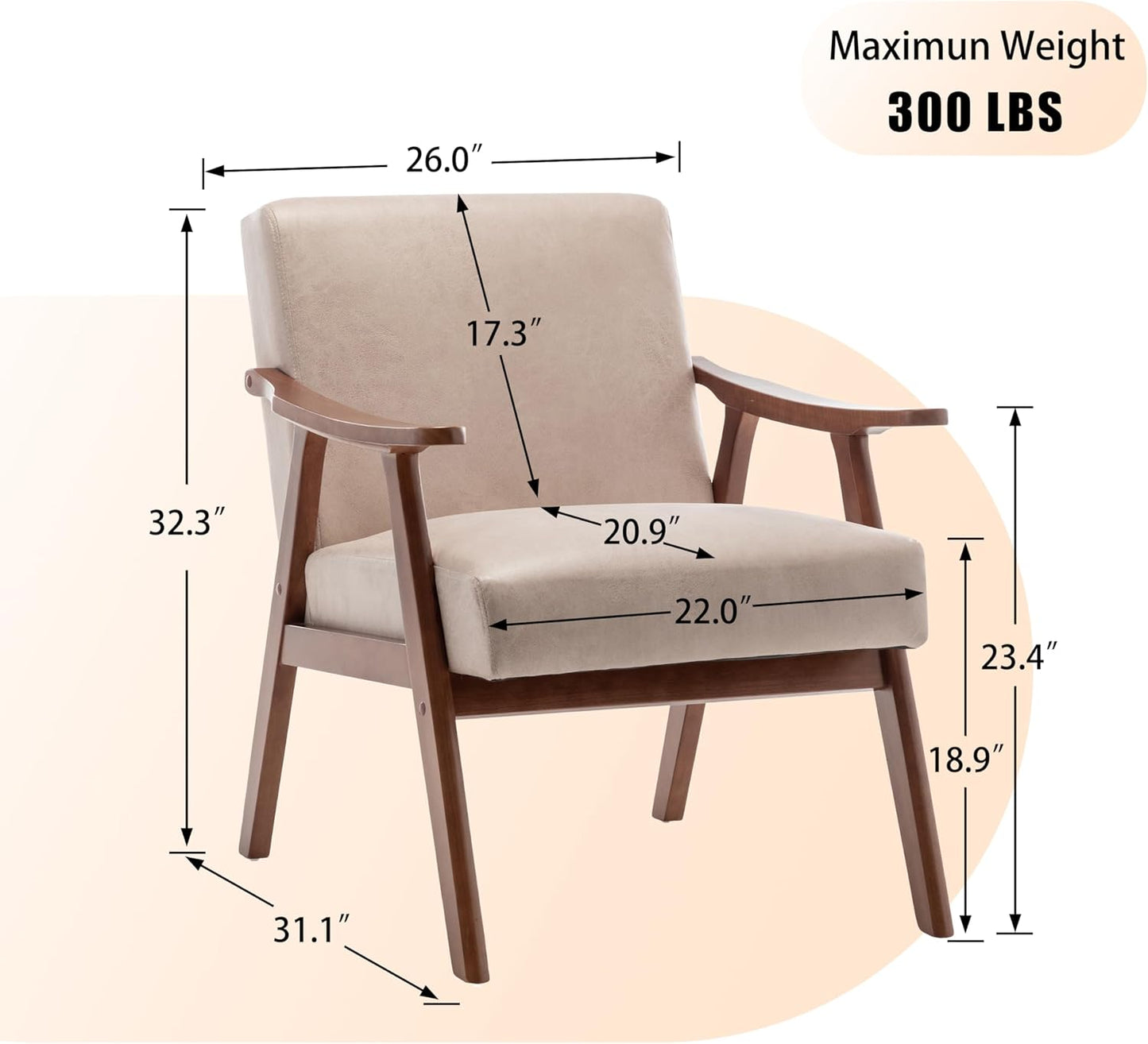 KEIKI Mid Century Modern Accent Chair w/High Wingback,Comfy Fabric Living Room Chairs with Solid Wood Frame, Lounge Reading Armchair, Easy Assembly, Light Camel