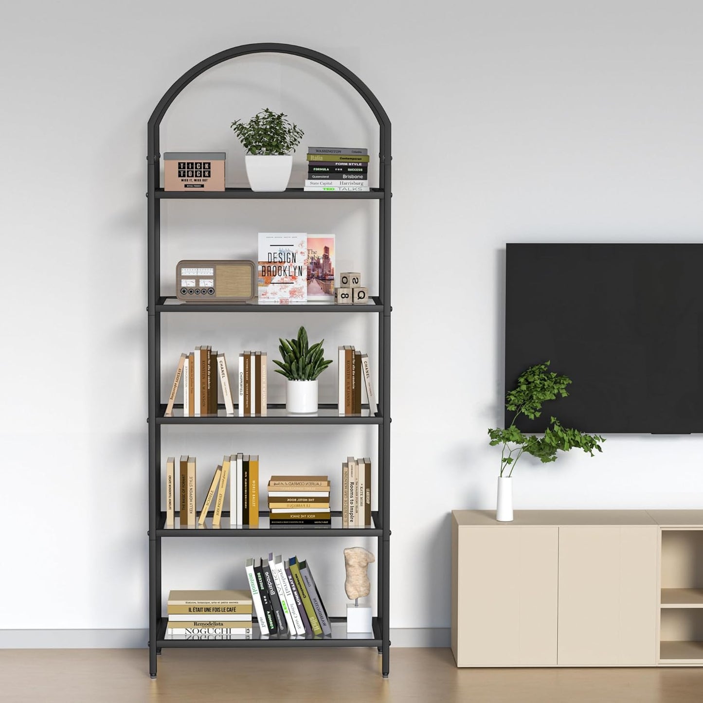 Homhedy Bookshelf Arched Display Racks,Metal Bookcase,Tempered Glass Shelves,Storage Rack Shelf for Home Office,Living Room,Bedroom, Bathroom,Modern Style (Black, 11.8" D x 23.6" W x 62.2" H)