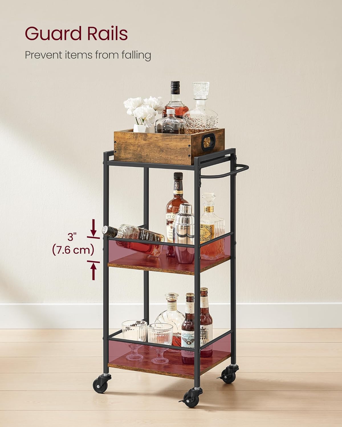 VASAGLE Kitchen Serving Cart with Removable Tray, 3-Tier Kitchen Utility Cart on Wheels with Storage, with Brakes, Leveling Feet, 11.8 x 13.7 x 33.9 Inches, Rustic Brown and Black ULRC062B01